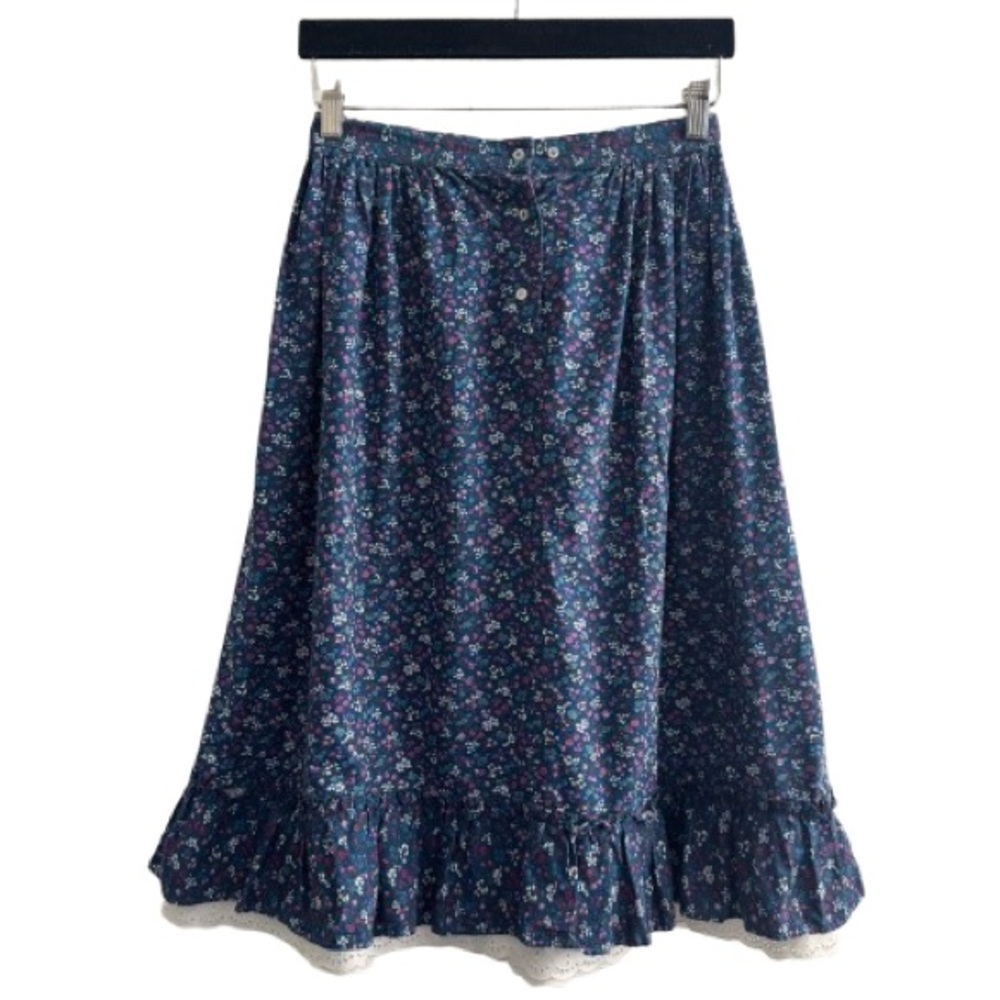 Vintage Byer California Blue Calico Floral Prairie Midi Skirt Eyelet Trim Boho
